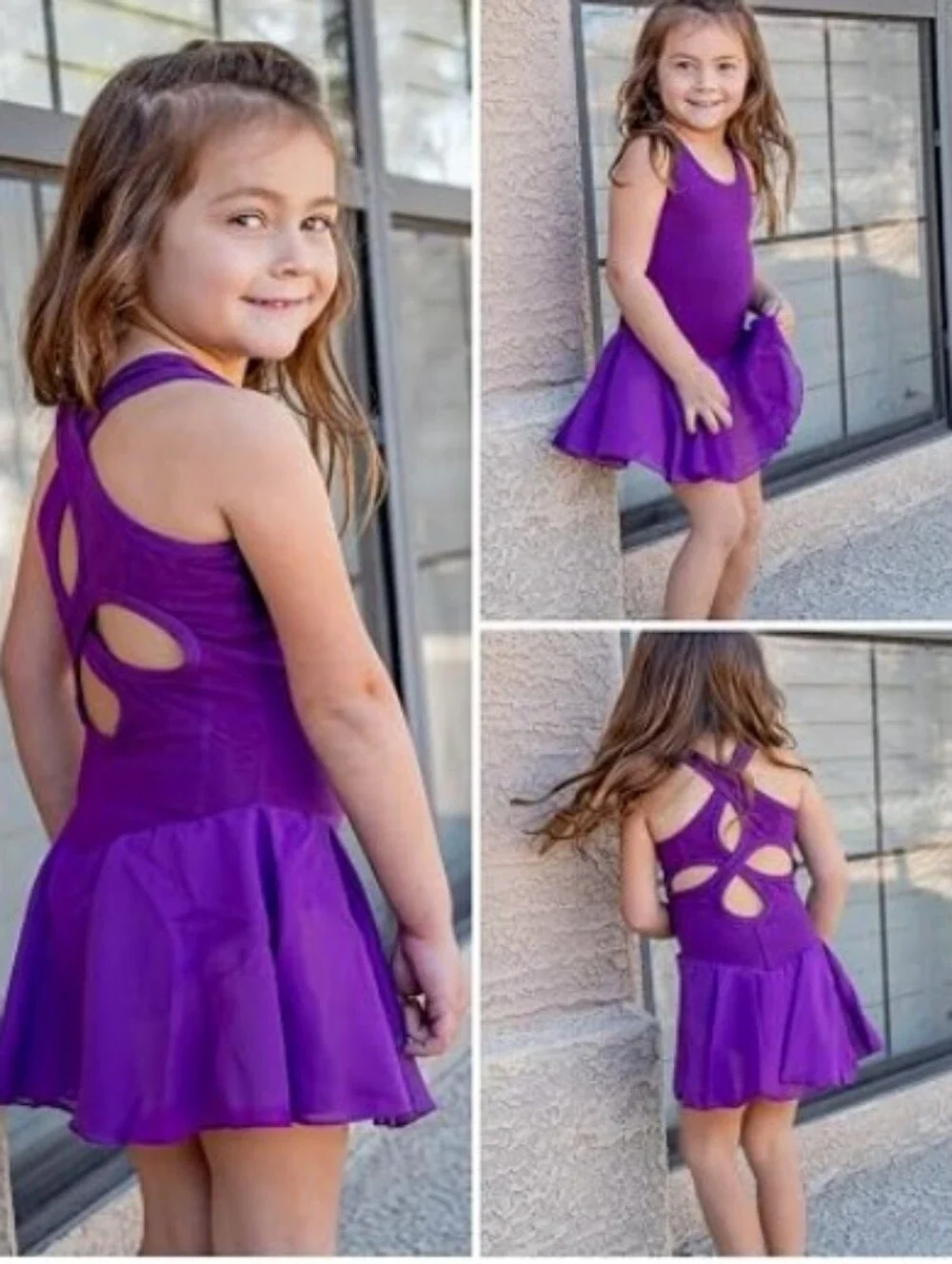 Girls Hollow Back Ballet Leotard with Skirt Sleeveless Dance Dress Purple
